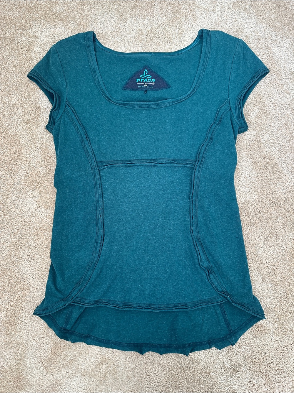 Prana Women’s M Teal Short Sleeve Top Ruched Side Detail Active Outdoor Shirt